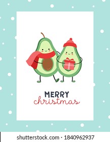 Postcard with New Year's avocados. New Year. Merry Cristmas. Avocado couple hugging. Hat, snow, snowflakes, gift. Printing on a poster, postcard, clothing.