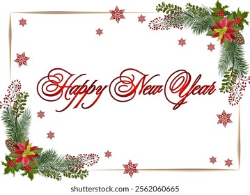 Postcard with New Year's decor.Color vector illustration of a New Year's postcard with a frame and text.