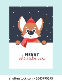 Postcard with New Year's dog. Dog in a hat and scarf. New Year. Merry Christmas. 2021. Snow, snowflakes on a dark background. Printing on a postcard, poster, clothing.