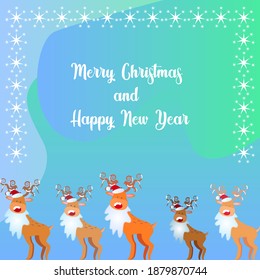 Postcard New Year's reindeer in a santa claus hat on a gradient background with snowflakes. 