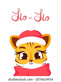 Postcard with New Year's tiger and the inscription ho-ho, a symbol of the new 2022. New Year's and Christmas. Vector illustration for banner, internet, decor, design, art, calendar, invitation card.