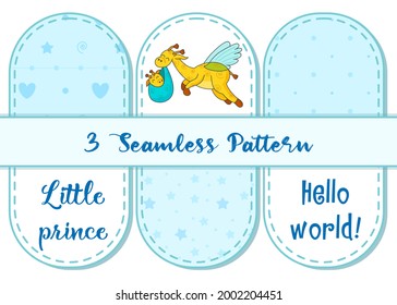 A postcard for a newborn. Funny flying giraffe. Hello Baby. Congratulations on the birth of a child. Birth certificate. Vector illustration. Hello world. Little prince. Seamless pattern.