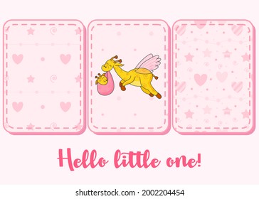 A postcard for a newborn. Funny flying giraffe. Hello Baby. Congratulations on the birth of a child. Birth certificate. Vector illustration. Hello world. Hello little one. Seamless pattern.