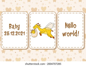 A postcard for a newborn. Funny flying giraffe. Hello Baby. Congratulations on the birth of a child. Birth certificate. Vector illustration. Hello world.