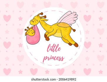 A postcard for a newborn. Funny flying giraffe. Hello Baby. Congratulations on the birth of a child. Birth certificate. Vector illustration. Hello world. Little princess.