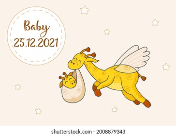 A postcard for a newborn. Funny flying giraffe. Hello Baby. Congratulations on the birth of a child. Birth certificate. Vector illustration. Hello world.