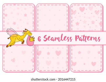 A postcard for a newborn. Funny flying giraffe. Hello Baby. Congratulations on the birth of a child. Birth certificate. Vector illustration. Hello world. 