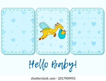A postcard for a newborn. Funny flying giraffe. Hello Baby. Congratulations on the birth of a child. Birth certificate. Vector illustration. Hello world.