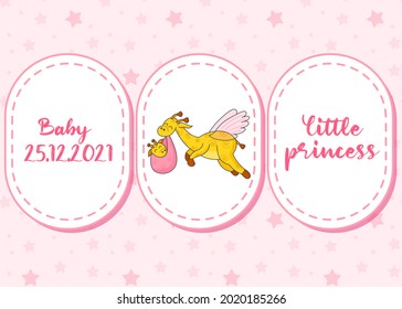 A postcard for a newborn. Funny flying giraffe. Hello Baby. Congratulations on the birth of a child. Birth certificate. Vector illustration. Hello world. Little princess.