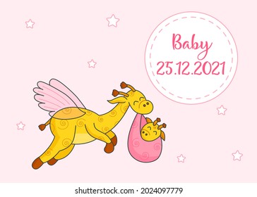 A postcard for a newborn. Funny flying giraffe. Hello Baby. Congratulations on the birth of a child. Birth certificate. Vector illustration. Hello world.