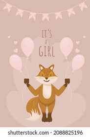 Postcard for a newborn, it's a girl, a fox with pink balloons. Vector image, congratulations on the birth of a child on a festive background.