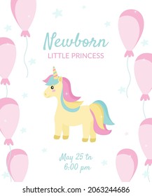 A postcard for a newborn little princess, with a unicorn and balloons. Festive vector illustration in delicate pastel colors