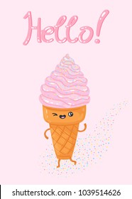 Postcard with a nice character strawberry ice cream and handwritten text. Vector illustration in doodle style