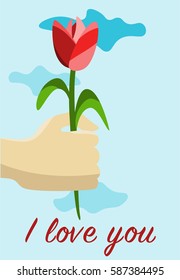 Postcard with nice words and multicolor tulips. Congratulations on March 8. Banner design template, vector illustration.