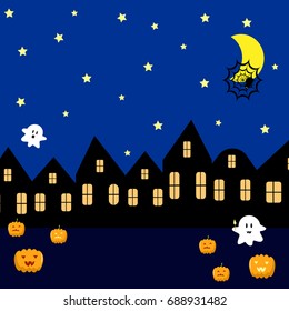 Postcard night city house halloween vector