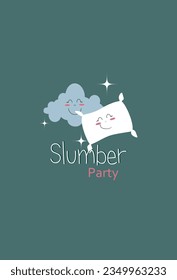 Postcard night party, pizza, cloud and pillow with a smile