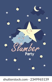 Fiesta nocturna de postal, pizza, nube y estrella con una sonrisa rodeada de luces