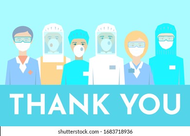 Postcard. Novel coronavirus (2019-nCoV) Doctors, nurses, medical staff, disinfectors, immunologists, virologists, epidemiologists. Protective medical clothing, face mask. Thank you doctors and nurses