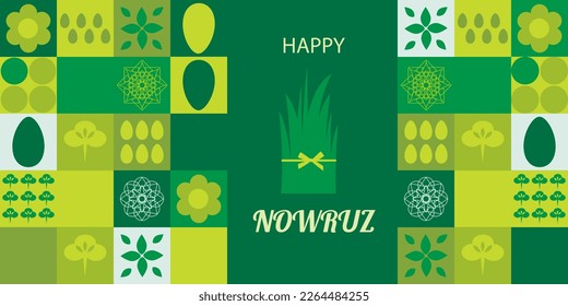 Postcard with Novruz holiday. Novruz Bayram background template. Spring flowers, painted eggs and wheat germ. Geometric mosaic. Festive banner. Vector