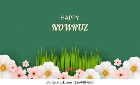 Postcard with Novruz holiday. Novruz Bayram background template. Spring flowers, painted eggs and wheat germ. Festive banner. Vector