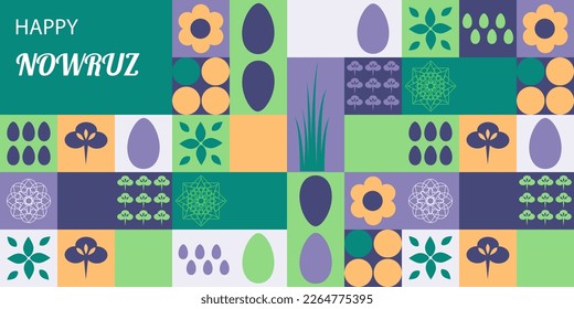 Postcard with Novruz holiday. Novruz Bayram background template. Spring flowers, painted eggs and wheat germ. Geometric mosaic. Festive banner. Vector illustration