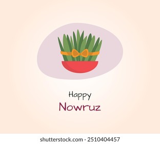 Postcard with Novruz holiday. Novruz Bayram background template. Spring flowers, painted eggs and wheat germ. Festive banner. Vector