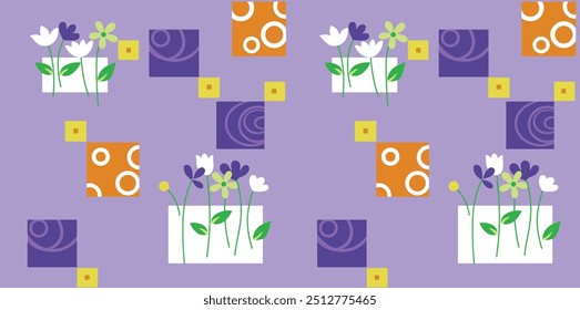 Postcard with Novruz holiday. Novruz Bayram background template. Spring flowers, painted eggs and wheat germ. Geometric mosaic. Festive banner. Vector illustration