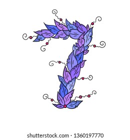 Postcard with the number 7 from the leaves and flowers of purple.Ideal for wedding invitations, posters, greeting cards, banners, flyers, postcards, birthday party designs etc