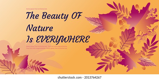 Postcard. Oak and rowan leaves. Acorns and rowan berries. Red, orang light, trendy background with vector plant and leaf.
