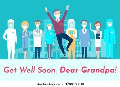 Postcard. Old man jumping for joy. Recovering from illness, the joy of doctors and family, friends. Get well soon, Dear Grandpa! Patient's discharge from hospital.