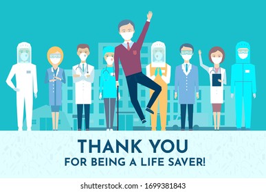 Postcard. The old man, patient recovered. Thank you doctor and Nurses and medical personnel team for fighting the coronavirus. vector illustration