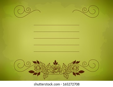 Postcard in the old style. Floral ornament. Place for the signature and address. Green.
