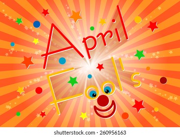 Postcard on April 1 - April Fool's day. Orange striped background with greeting and clown face inside. Vector illustration 