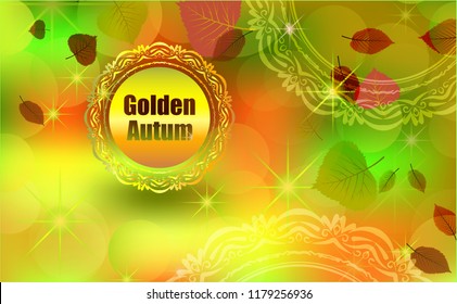 Postcard on the autumn theme in the form of the inscription "Golden Autumn" on a bright colored background with falling leaves.Horizontal orientation.