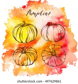 Postcard on autumn theme,  handmade, vector illustration,leaves,pumpkins