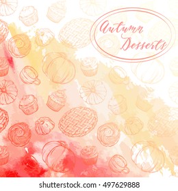 Postcard on autumn theme,vector illustration,retro,handmade,cupcakes, pie, pumpkins, coffee