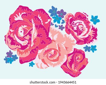 Postal con fondo azul. Las rosas y las flores que me olvidan no están en el fondo de la luz. Concepto de belleza. Estilo moderno.