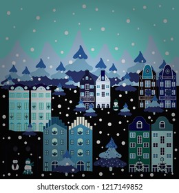 Postcard on blue, black and neutral colors. Unusual christmas illustration. Amazing fairy house decorated at christmas style. Vector illustration. Landscape in magical forest.