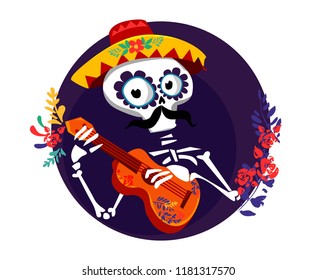 Postcard on the day of the dead, Vector Illustration. the skeleton plays the guitar.