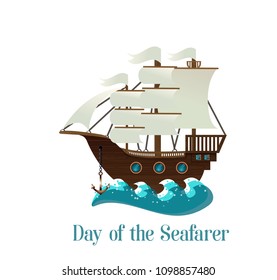 Postcard on the day of the seafarer. Vector illustration. Sailing ship on waves on white background.