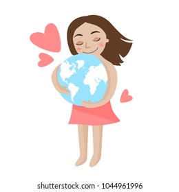 A postcard on the Earth day. A sweet girl is holding a globe.