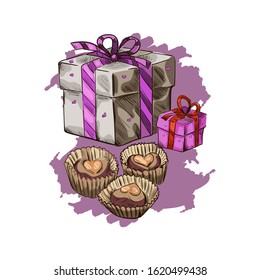 Postcard on February 14, present in decorative wrapping and chocolate. St. Valentines day holiday greeting card with present gift boxes and sweet candy cookies isolated vector illustration sketch.