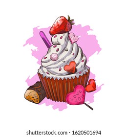 Postcard on February 14, sweet present and candy vector illustration. St. Valentine's day holiday greeting card with cupcake or muffin topped by raspberry and chocolate lollipop in shape of heart