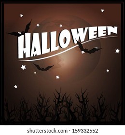 Postcard on Halloween against the big moon with bats