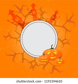 postcard on Halloween with cobwebs, pumpkins, branches