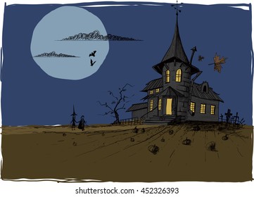 Postcard on Halloween. Creepy old house standing in the field with pumpkins. Behind the house is cemetery. The house sent people