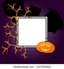 postcard on Halloween with a Ghost, cobwebs, pumpkins, bats