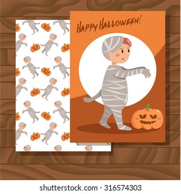 Postcard on Halloween. Mummy and pumpkin. Pattern with a mummy. Vector isolated illustration. Cartoon characters. 