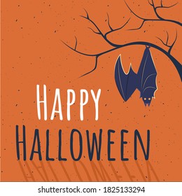 Postcard on Halloween template with leafless twigs of trees and bat. Vector illustration.