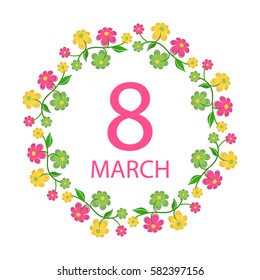 Postcard on March 8. Vector illustration of floral frame and text. The picture for the holiday on a white background.